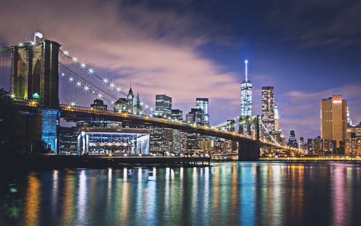 Brooklyn Bridge, 4k, Manhattan, moderneja rakennuksia, amerikan kaupungit, nightscapes, NYC, pilvenpiirt&#228;ji&#228;, New York, USA, Kaupungit New York, New York y&#246;ll&#228;, Amerikassa
