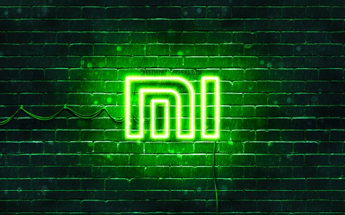 Xiaomi green logo, 4k, green brickwall, Xiaomi logo, brands, Xiaomi neon logo, Xiaomi