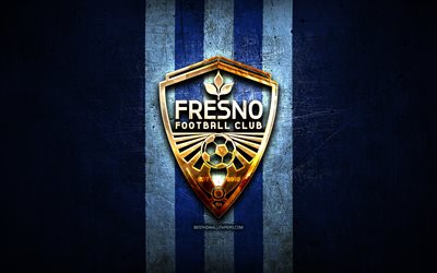 Fresno FC, golden logotyp, USL, bl&#229; metall bakgrund, amerikansk fotboll club, United Soccer League, Fresno logotyp, fotboll, USA
