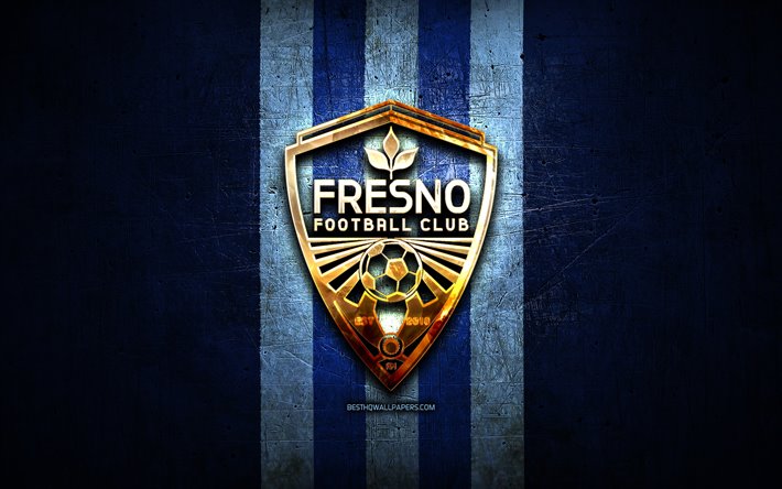 Fresno FC, de oro logotipo, USL, de metal de color azul de fondo, american club de f&#250;tbol, de los Estados de la Liga de F&#250;tbol, Fresno, logo, futbol, estados UNIDOS