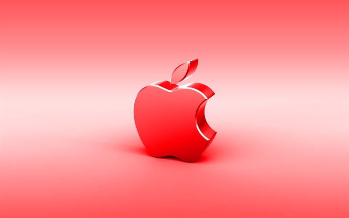 Apple red 3D logo, minimal, sfondo rosso, il logo Apple, creative, Apple logo in metallo, Apple logo 3D, illustrazione, Mela