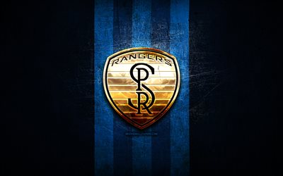 Swope Park Rangers FC, golden logo, USL, blue metal background, american soccer club, United Soccer League, Swope Park Rangers logo, soccer, USA