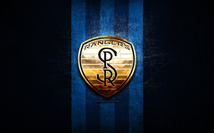 Swope Park Rangers FC, golden logotyp, USL, bl&#229; metall bakgrund, amerikansk fotboll club, United Soccer League, Swope Park Rangers logotyp, fotboll, USA
