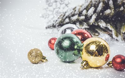 Christmas balls, winter, New Year, snow, Christmas, happy new year, Christmas background with balls