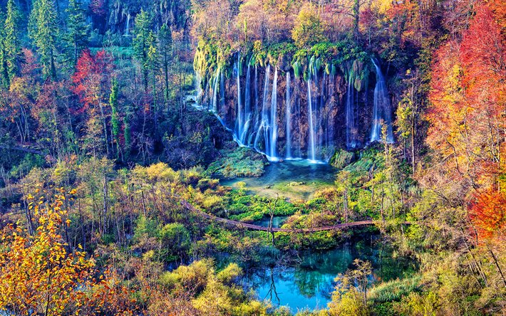 Plitvice G&#246;lleri Milli Parkı, sonbahar, g&#252;zel, doğa, şelaleler, HDR, Hırvat yerler, Avrupa, Hırvatistan