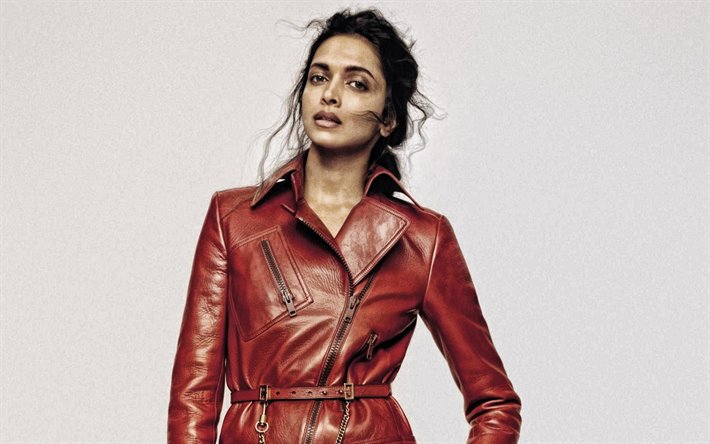 Deepika Padukone, la actriz India, sesi&#243;n de fotos, rojo abrigo de cuero, estrella India, Bollywood