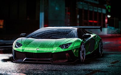4k, Lamborghini Aventador, rain, tuning, supercars, green Aventador, italian cars, Lamborghini, customized Aventador