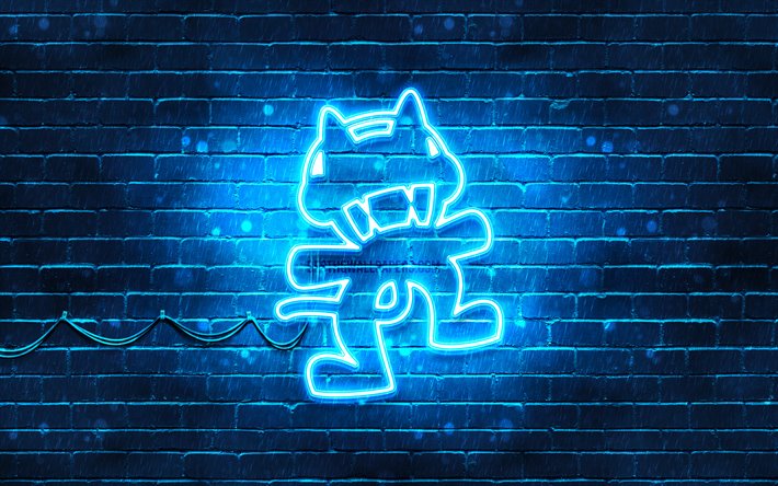 Monstercat sininen logo, 4k, supert&#228;hti&#228;, sininen brickwall, Monstercat-logo, kuvitus, Monstercat neon-logo, musiikin t&#228;hdet, Monstercat