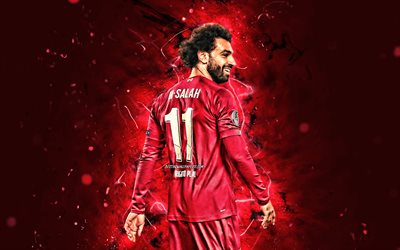 4k, Mohamed Salah, 2019, Liverpool FC, back view, egyptian footballers, goal, LFC, fan art, Salah, Premier League, Mohamed Salah art, soccer, neon lights, Salah Liverpool, Mo Salah
