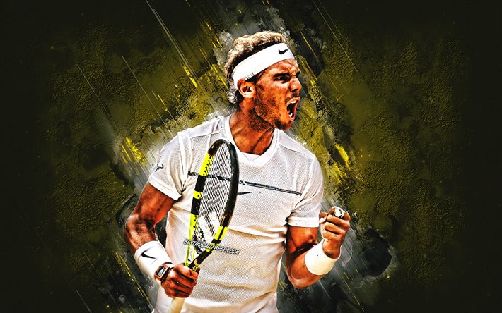 Rafael Nadal, ATP, espanjalainen tennispelaaja, muotokuva, keltainen kivi tausta, creative art, Tennis