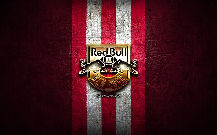 New York Red Bulls II FC, golden logo, USL, red metal background, american soccer club, United Soccer League, New York Red Bulls II logo, soccer, USA