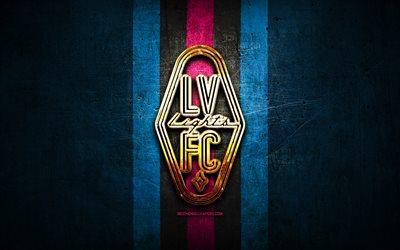 Las Vegas Işıkları FC, altın logo, USL, mavi metal arka plan, Amerikan Futbol Kul&#252;b&#252;, United Futbol Ligi, Las Vegas, Işıklar, logo, futbol, ABD