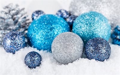 Blue Christmas balls, Happy New Year, Christmas glitter balls, Blue christmas background, snowflakes, snow, Christmas