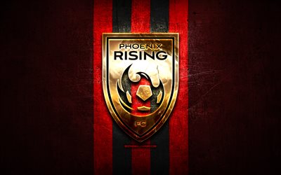 Phoenix Rising FC, golden logo, USL, red metal background, american soccer club, United Soccer League, Phoenix Rising logo, soccer, USA