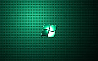 Windows turquoise logo, artwork, metal grid background, Windows logo, creative, Windows, Windows metal logo
