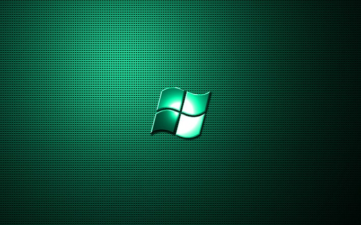windows-t&#252;rkis logo, grafik -, metall-raster-hintergrund, windows-logo, creative, windows, windows metall-logo