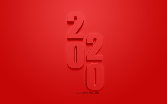 Kırmızı 2020 3d arka plan, Mutlu Yeni Yıl, Noel, Yeni Yıl 2020, 2020 3d sanat, yaratıcı 3d sanat