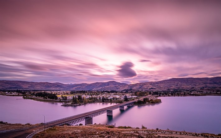 Deadmans点橋, 夜, 夕日, 美しい湖, 湖Dunstan, ニュージーランド, クロムウェル, 山の風景
