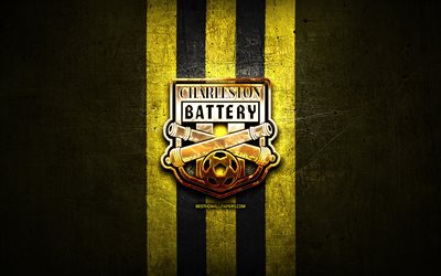 Charleston Batteri FC, golden logotyp, USL, gul metall bakgrund, amerikansk fotboll club, United Soccer League, Charleston Batteri logotyp, fotboll, USA