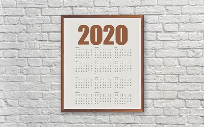 Calendario 2020 sulla parete, il 2020 tutti i mesi, bianco, muro di mattoni, Calendario 2020, tutti i mesi