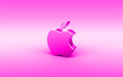 Apple purple 3D logo, minimal, purple background, Apple logo, creative, Apple metal logo, Apple 3D logo, artwork, Apple