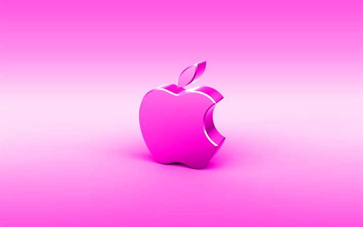 Apple lila 3D-logotyp, minimal, lila bakgrund, Apples logotyp, kreativa, Apple metall logo, Apple 3D-logotyp, konstverk, Apple