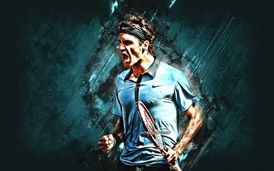 Roger Federer, Swiss tennis player, ATP, Association of Tennis Professionals, portrait, blue stone background, tennis