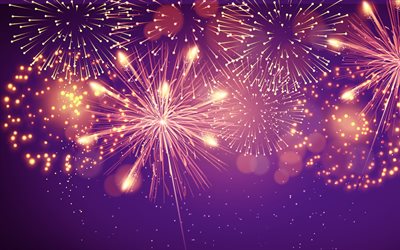 Fireworks on a purple background, Background with fireworks, New Year, Christmas, purple Christmas background, Fireworks