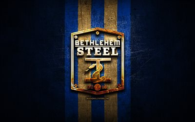 Bethlehem FC, golden logo, USL, blue metal background, american soccer club, United Soccer League, Bethlehem logo, soccer, USA