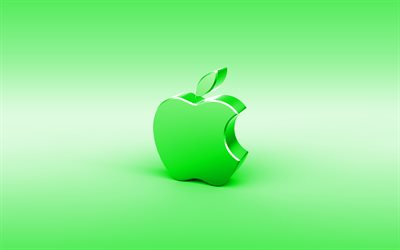 Apple yeşil 3D logo, minimal, yeşil arka plan, Apple logosu, yaratıcı, Apple metal logo, Apple 3D logo, resimler, Apple