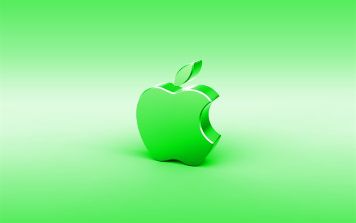 apple-gr&#252;nen 3d-logo, minimal, gr&#252;ner hintergrund, apple-logo, creative, apple, metall-logo, 3d-logo, artwork