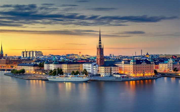 Stockholm, Maria Magdalena Church, Sodermalm, morning, sunrise, landmark, Stockholm panorama, Sweden