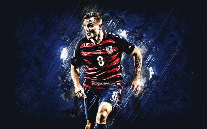Jordan Morris, United States national soccer team, USA, american football player, blue stone background, soccer