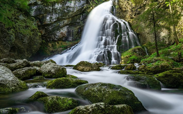 vattenfall, stenar, bergflod, sten, kv&#228;ll, Europa
