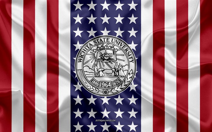 emblem der wichita state university, amerikanische flagge, logo der wichita state university, wichita, kansas, usa, wichita state university