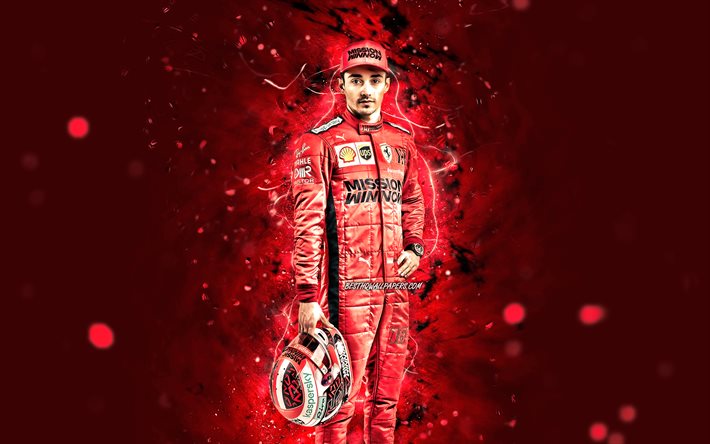 Charles Leclerc, 2020, 4k, Scuderia Ferrari Mission Winnow, monegasque yarış s&#252;r&#252;c&#252;leri, Formula 1, kırmızı neon ışıkları, F1 2020