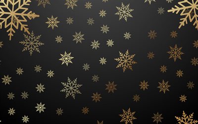 svart bakgrund med gyllene sn&#246;flingor, jul gyllene bakgrund, ny&#229;r, gyllene sn&#246;flingor bakgrund, vinter svart bakgrund, sn&#246;flingor
