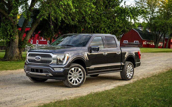 Ford F-150, 2021, F-series, black pickup truck, exterior, front view, new black F-150, american cars, Ford