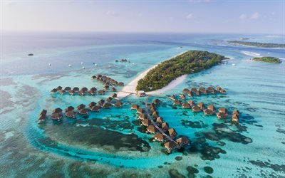 bungalow sur pilotis, Maldives, oc&#233;an, station baln&#233;aire, &#238;les tropicales, paysage marin