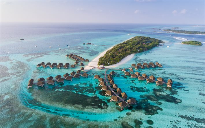bungalow sobre el agua, Maldivas, oc&#233;ano, resort, islas tropicales, paisaje marino