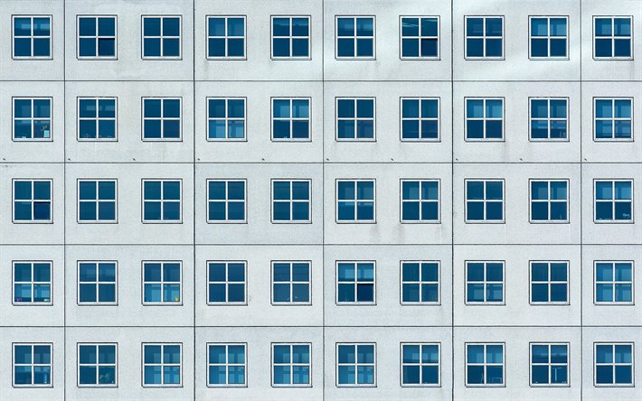 sfondo con finestre, muro con finestre, finestre blu, struttura della casa, sfondo della facciata della casa