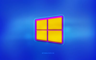 Windows 10 3D logosu, mavi arka plan, Windows, &#231;ok renkli logo, Windows 10 logosu, 3D amblemler