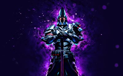 Ultima Knight with axe, 4k, violet neon lights, 2020 games, Fortnite Battle Royale, Ultima Knight Skin, Fortnite, Ultima Knight Fortnite, Ultima Knight