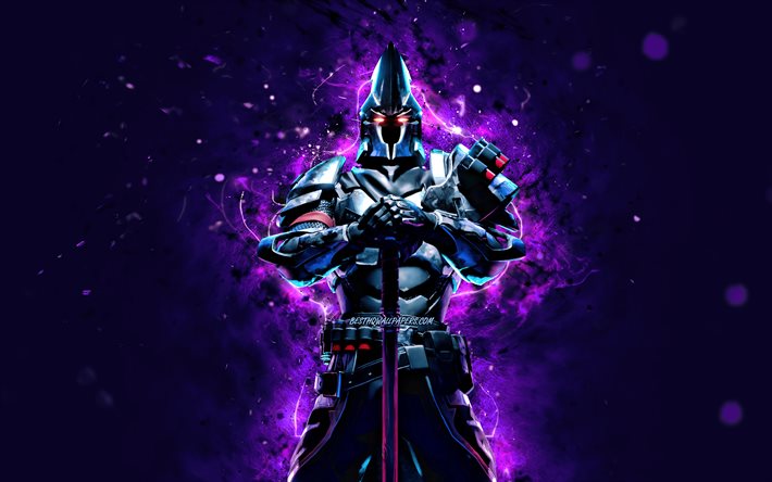Ultima Knight com machado, 4k, luzes de n&#233;on violeta, jogos de 2020, Fortnite Battle Royale, Ultima Knight Skin, Fortnite, Ultima Knight Fortnite, Ultima Knight