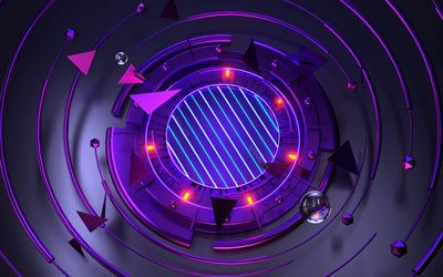 violetter 3d-hintergrund, 4k, 3d-ringe, kreativ, grafik, geometrische formen, violette hintergr&#252;nde