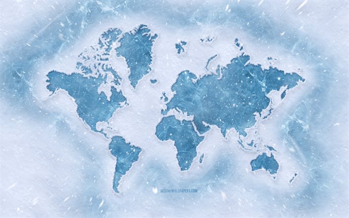 Mapa del mundo de invierno, hielo, mapa del mundo en la nieve, mapa del mundo de hielo, conceptos de invierno, conceptos de mapa del mundo