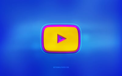 Logo 3d di YouTube, sfondo blu, YouTube, logo multicolore, logo di YouTube, emblema 3d