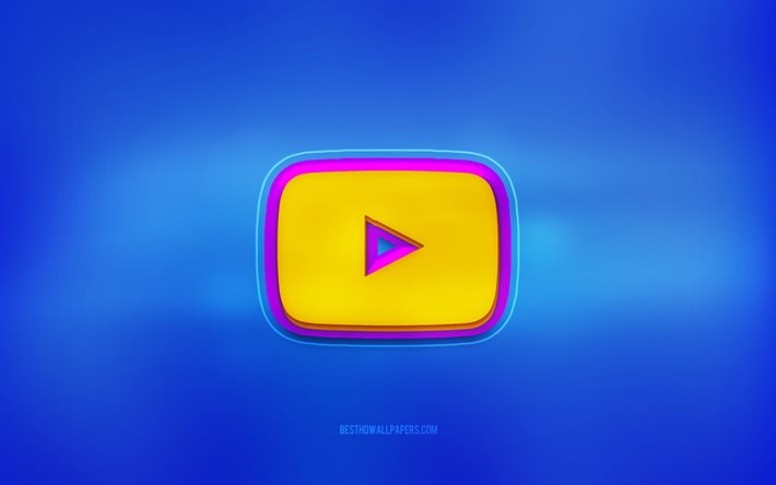 YouTubeの3Dロゴ, 青い背景, YouTube, 色とりどりのロゴ, ユーチューブ  ロゴ, 3Dエンブレム