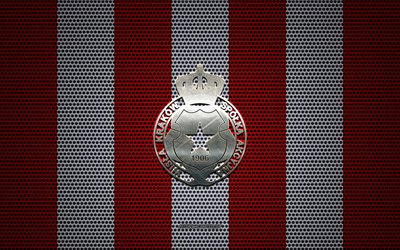 Logo Wisla Krakow, squadra di calcio polacca, emblema in metallo, sfondo in rete metallica rossa e bianca, Wisla Krakow, Ekstraklasa, Cracovia, Polonia, calcio
