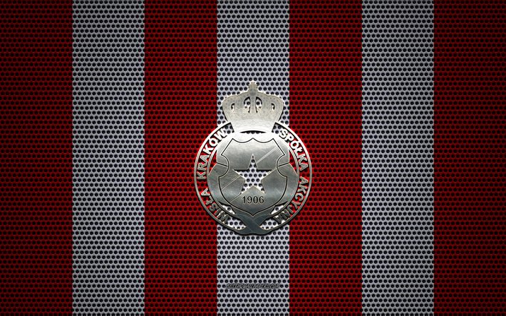 wisla krakow logo, polnischer fu&#223;ballverein, metallemblem, roter und wei&#223;er metallgitterhintergrund, wisla krakow, ekstraklasa, krakau, polen, fu&#223;ball